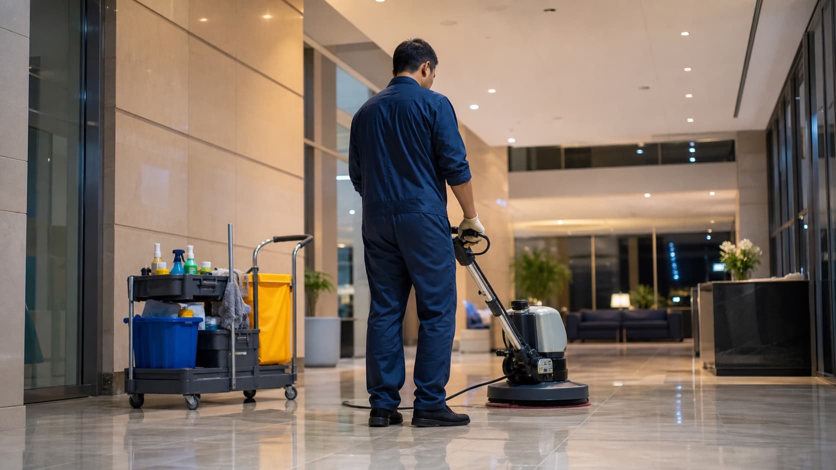 Commercial cleaner operating a floor machine in a polished office-building lobby