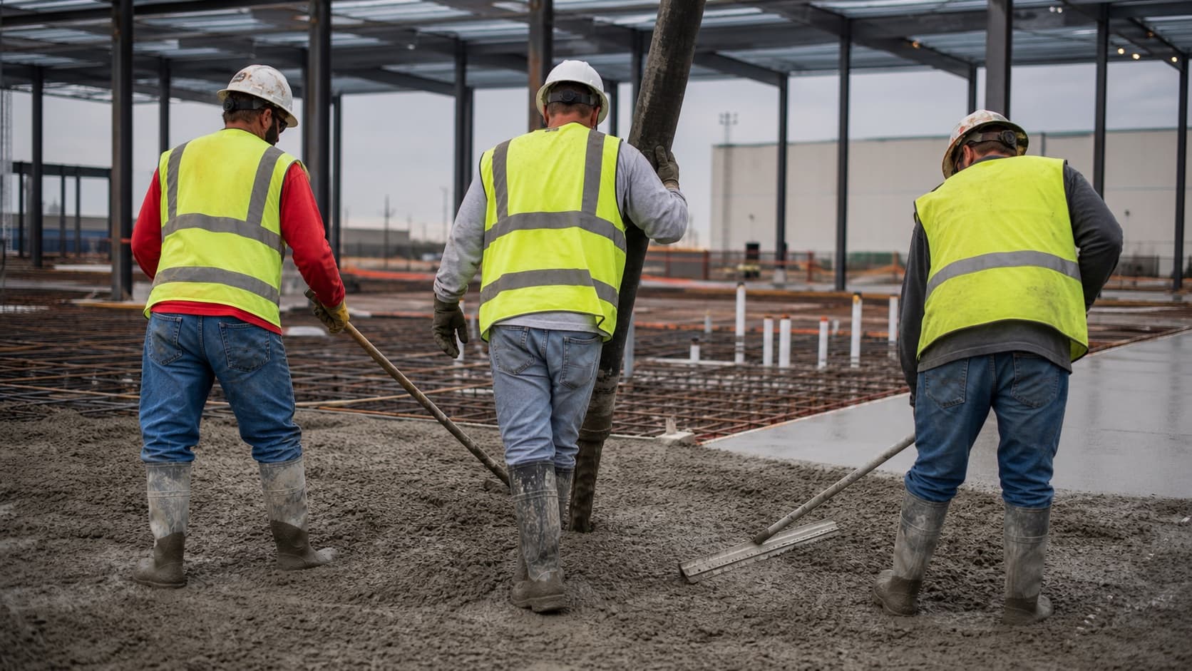 Commercial concrete crew placing and leveling a reinforced slab while wearing protective equipment