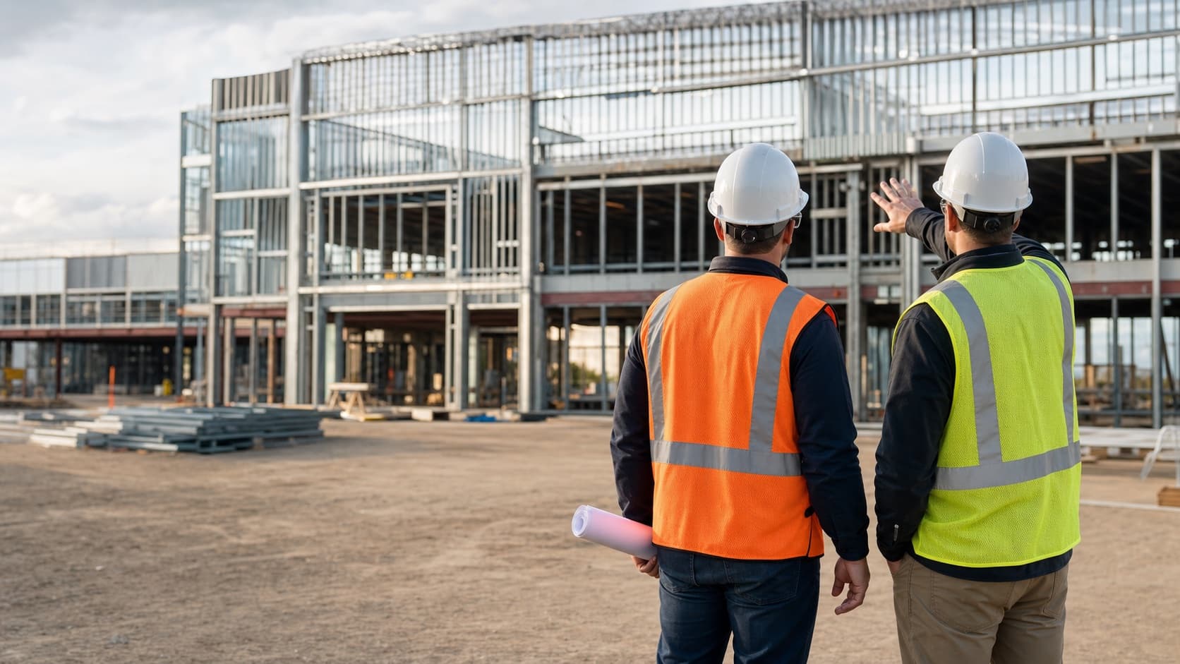 Two commercial construction supervisors in hard hats reviewing a steel-frame building project