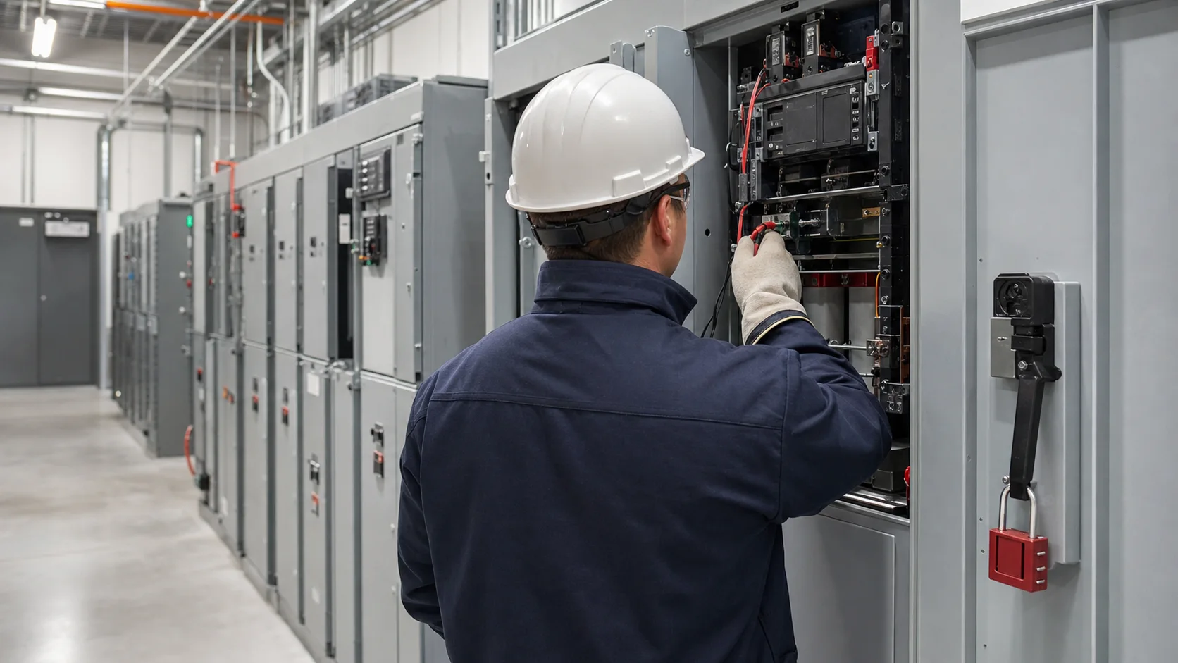 Commercial electrician in protective equipment inspecting locked-out switchgear inside a modern electrical room