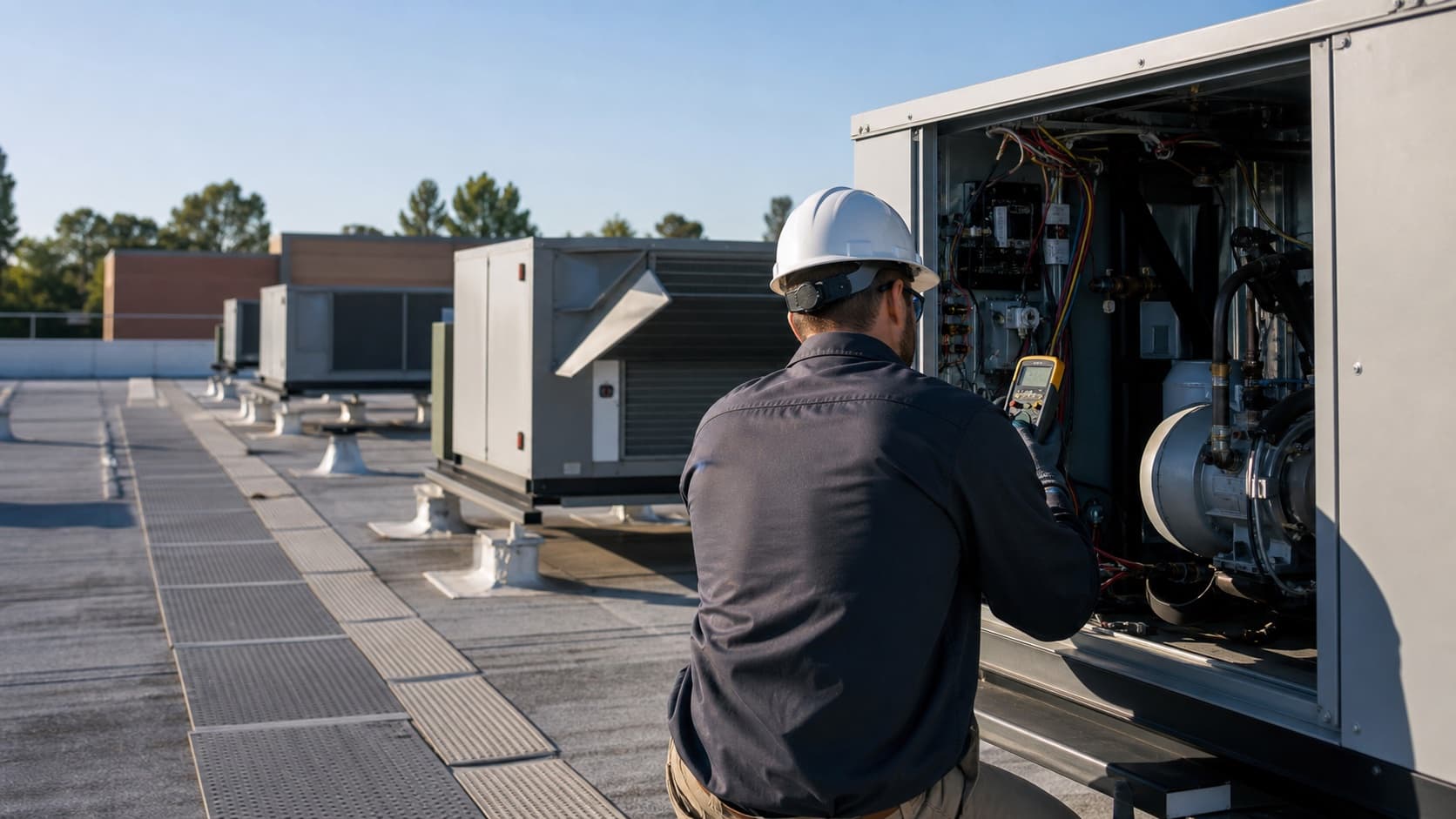 Commercial HVAC technician in protective equipment inspecting an unbranded rooftop packaged unit