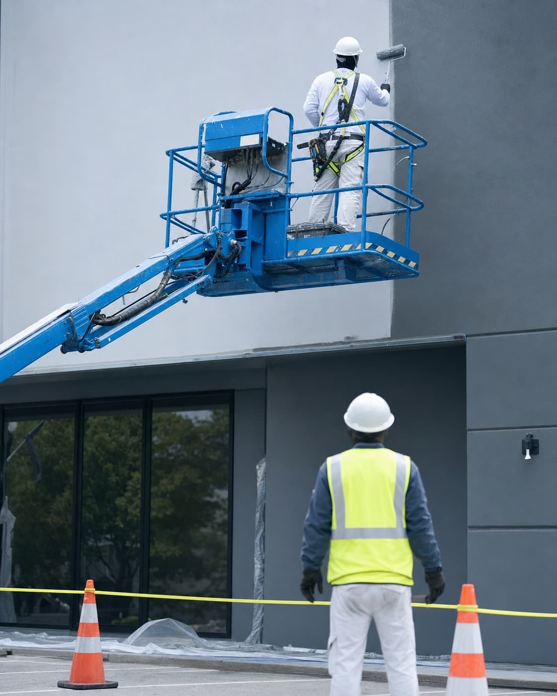 Commercial painter applying an exterior coating from a secured mobile lift