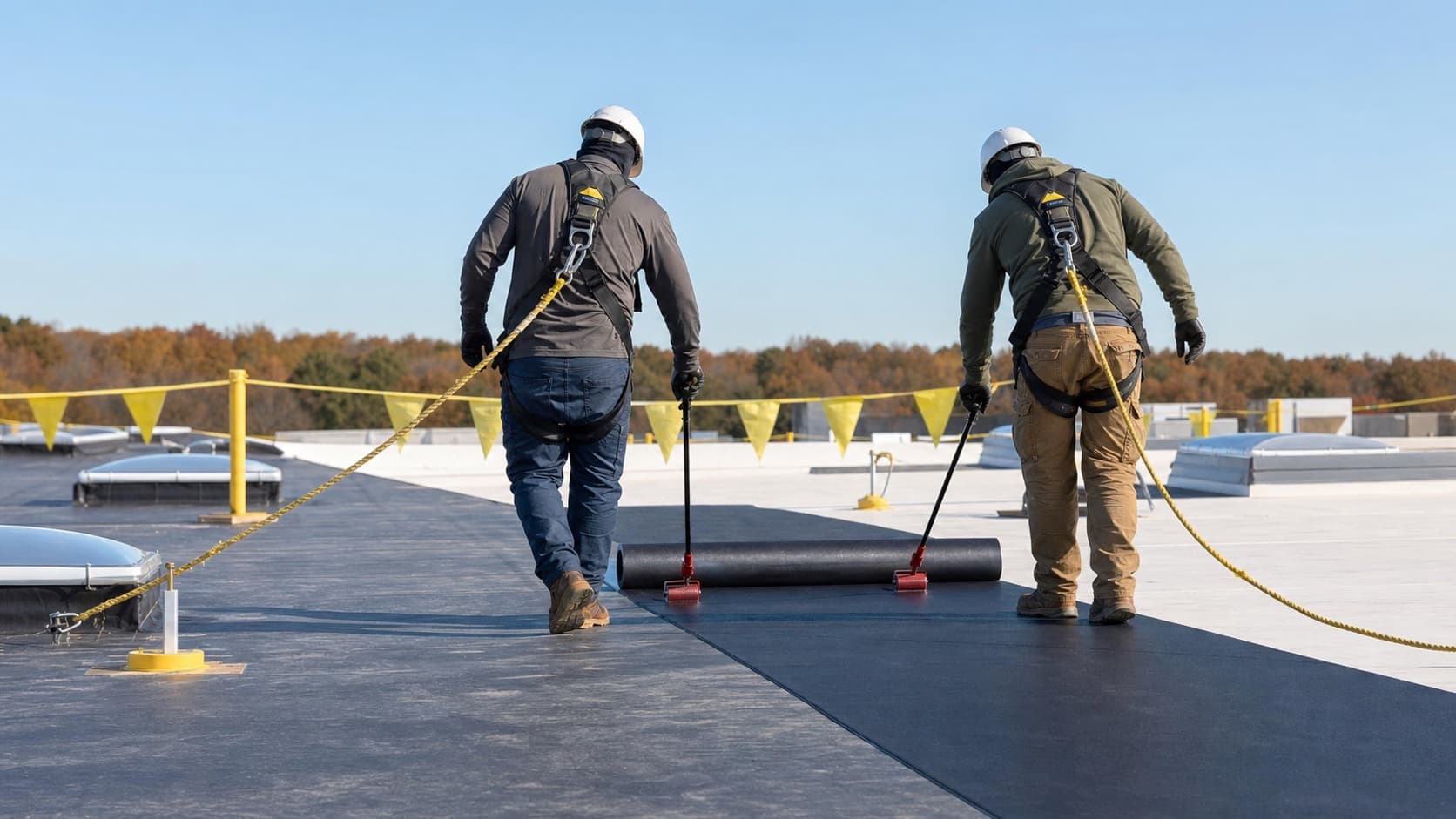 Commercial roofing crew installing membrane material while connected to fall-protection lines