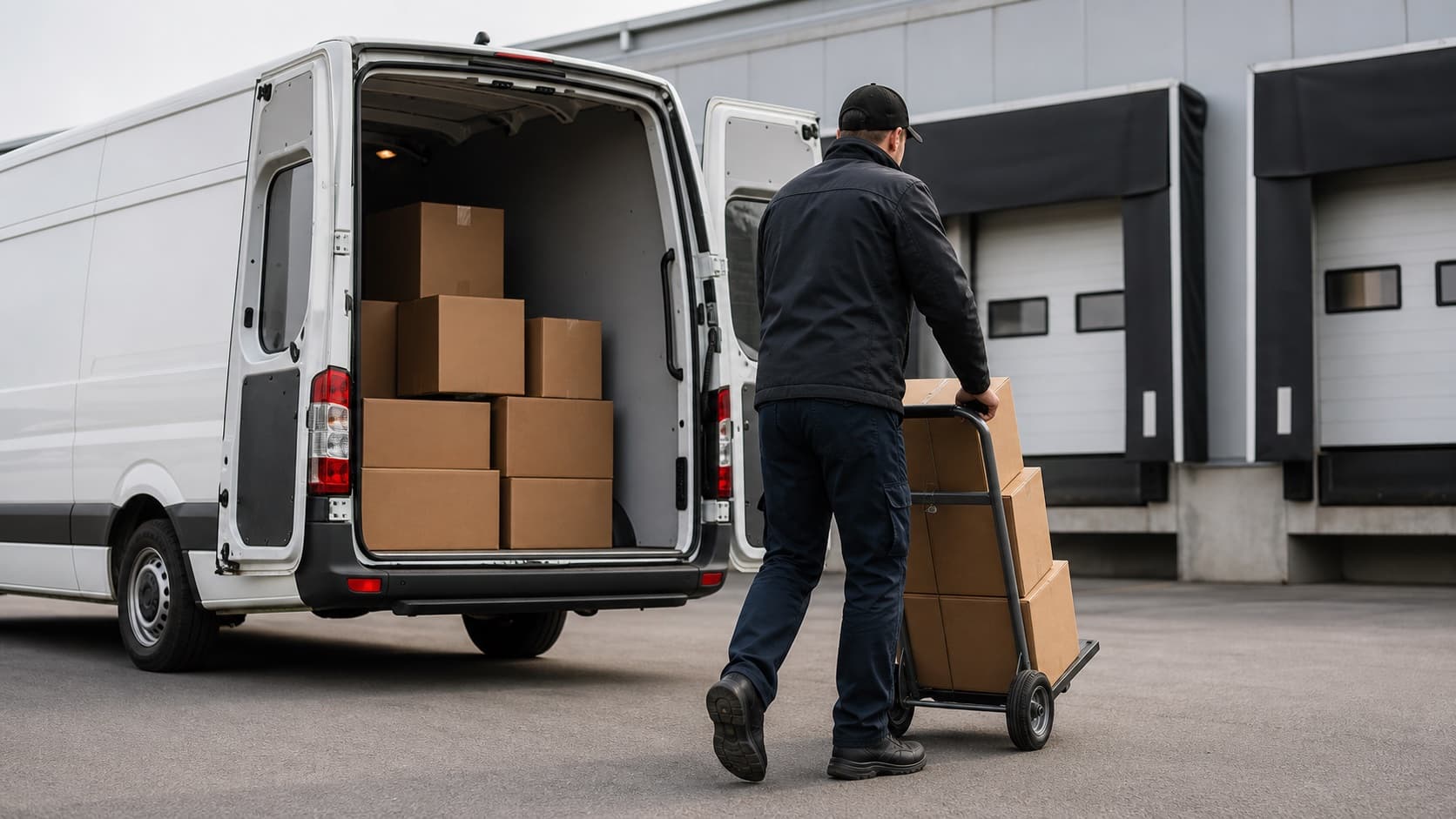 Delivery driver loading unbranded parcels into a white cargo van at a commercial loading dock