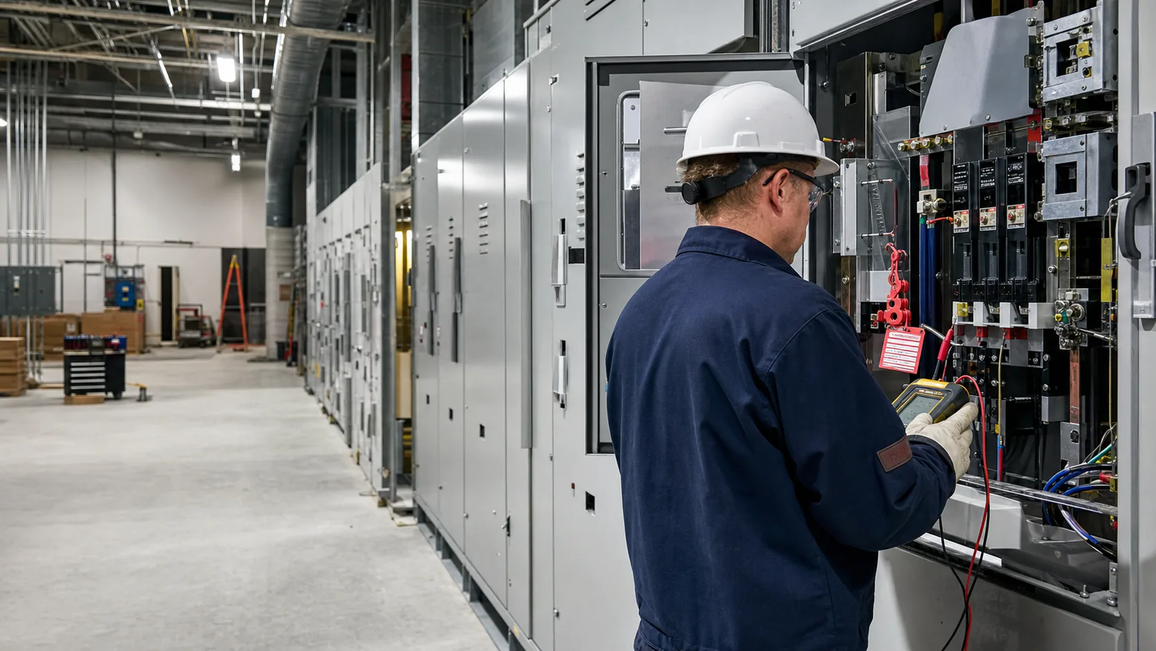Commercial electrician in protective equipment testing de-energized switchgear during a tenant-improvement project