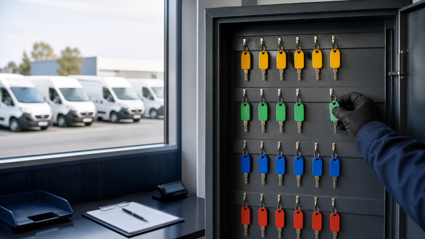Fleet operator returning a color-tagged vehicle key to an organized key-control cabinet
