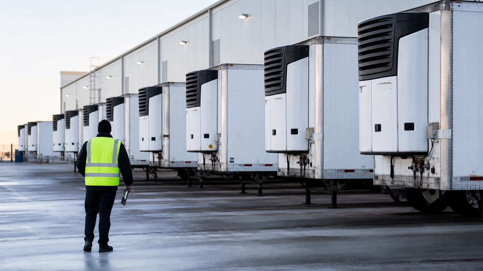Fleet manager inspecting a row of unbranded refrigerated trailers at a cold-storage distribution center