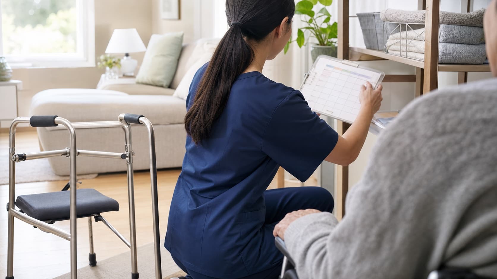 Home-health caregiver reviewing a care schedule beside an older adult in a bright residential living space