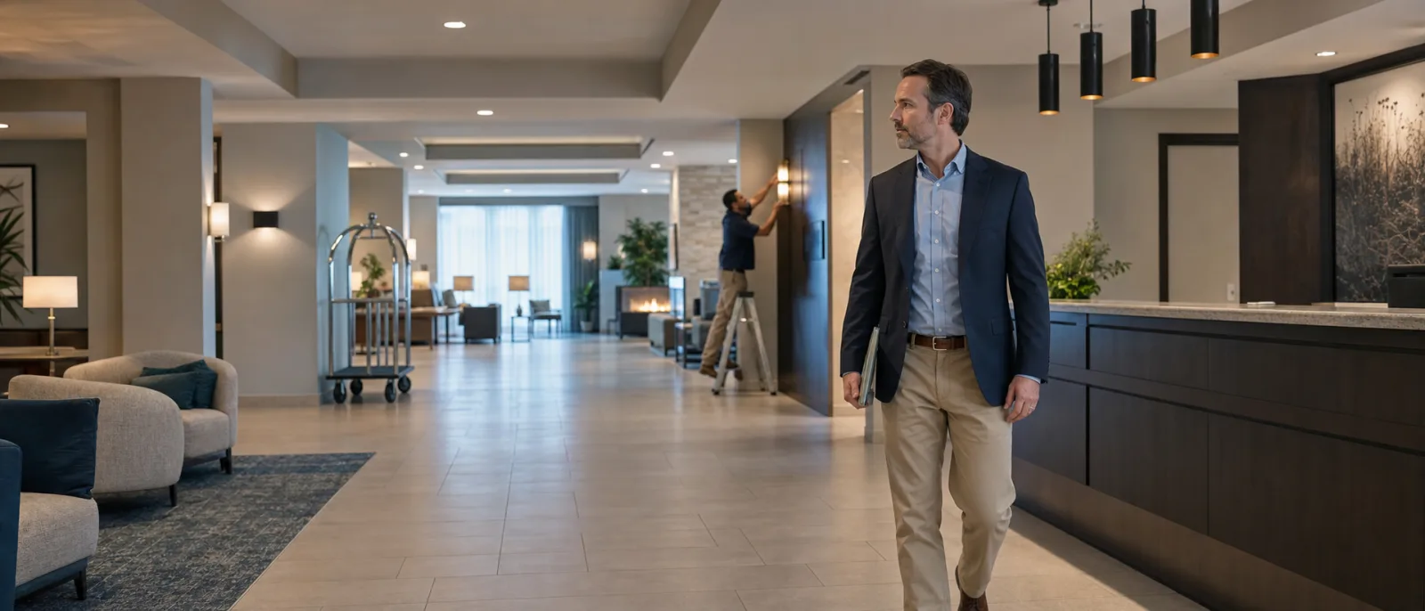 Hotel property manager inspecting a maintained lobby while a facilities employee checks a wall fixture near the reception area