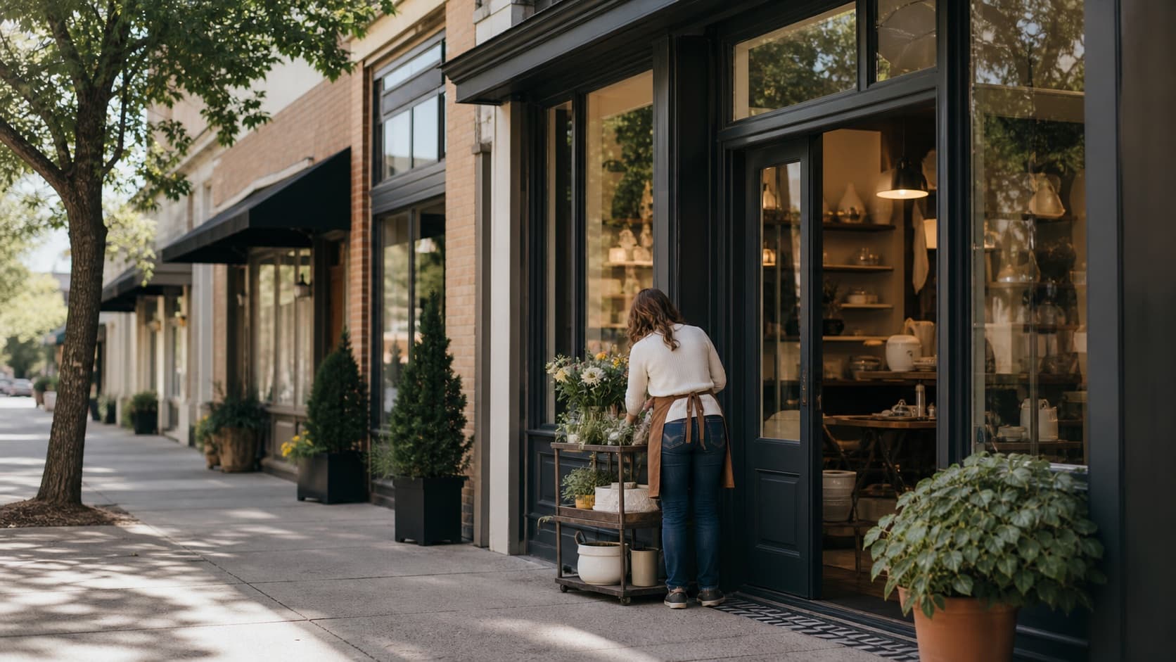 Independent shop owner arranging an outdoor merchandise display at an unbranded neighborhood storefront