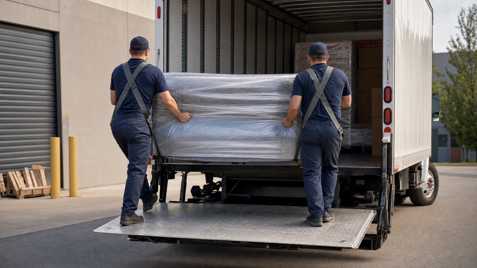 Two professional movers safely guiding a wrapped sofa into an unbranded box truck