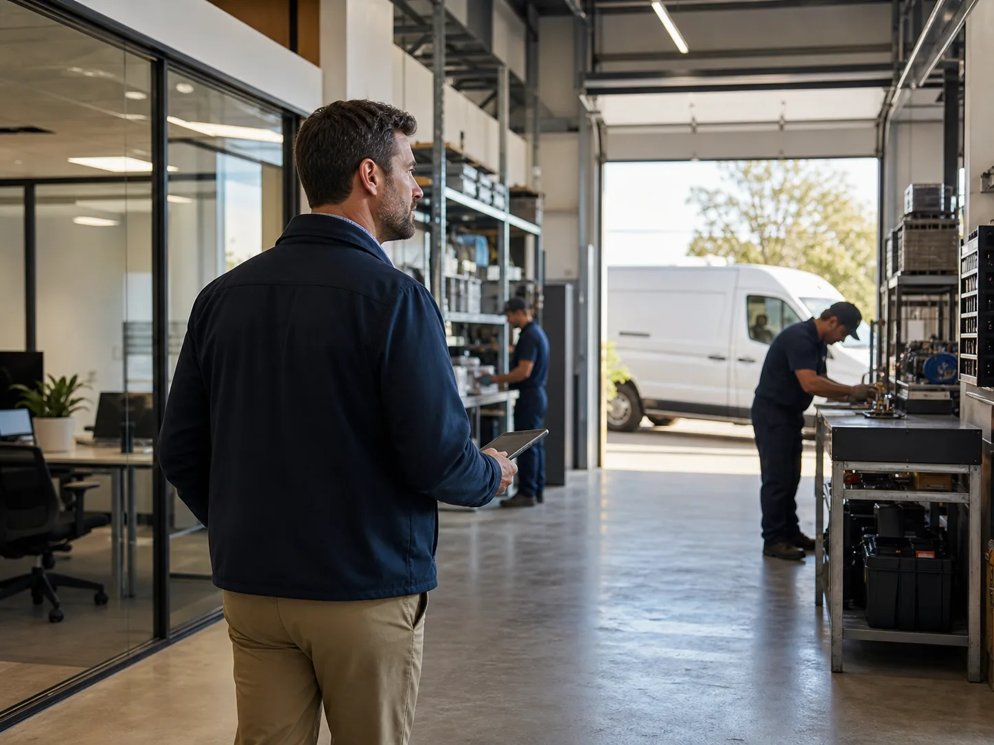 Business owner reviewing daily operations in a light-industrial workspace with employees and an unbranded service van