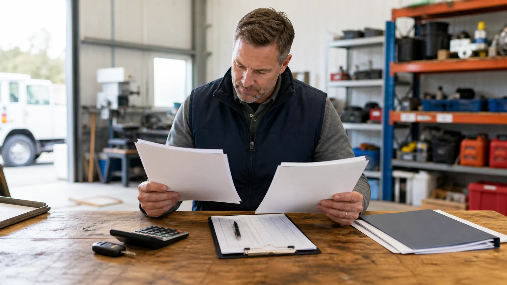 Business owner comparing two commercial insurance proposal packets at a workshop desk