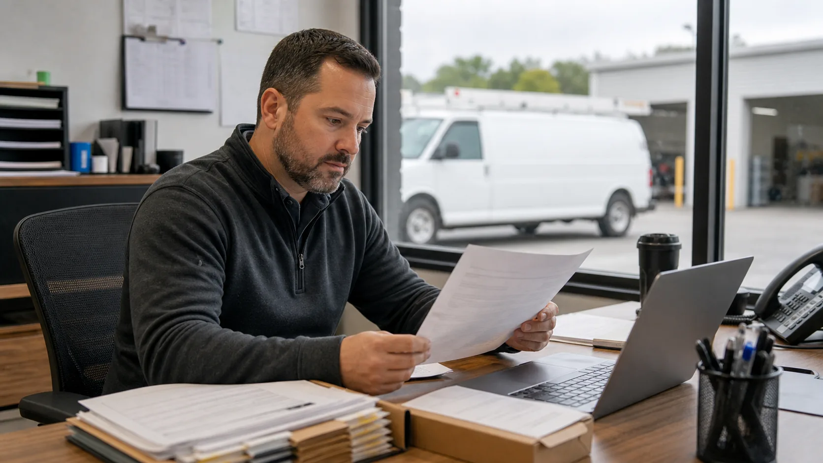Operations manager reviewing a certificate of insurance in a service-business dispatch office