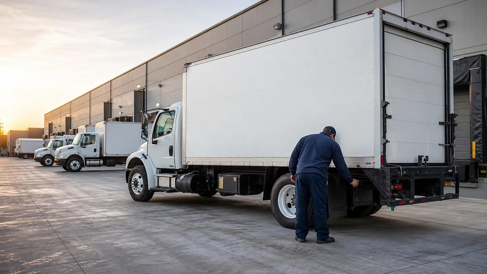 Fleet driver checking a medium-duty straight box truck before dispatch at a commercial distribution center