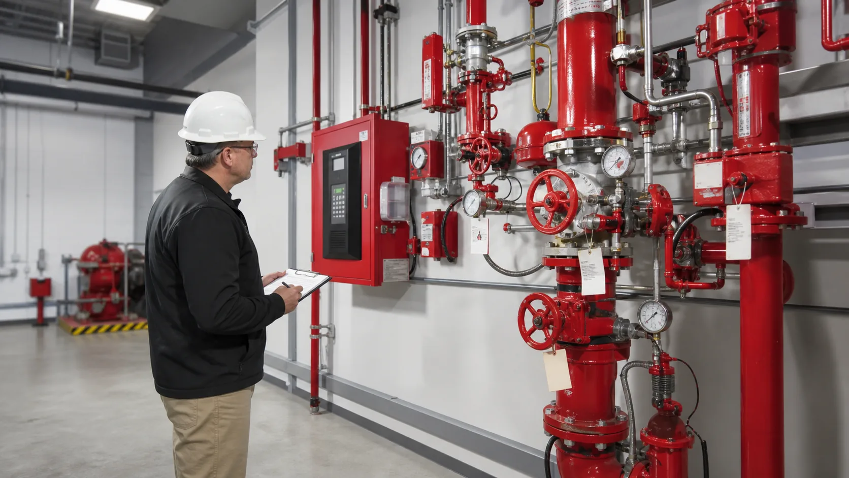 Facilities manager inspecting a commercial fire sprinkler riser and alarm equipment in a mechanical room
