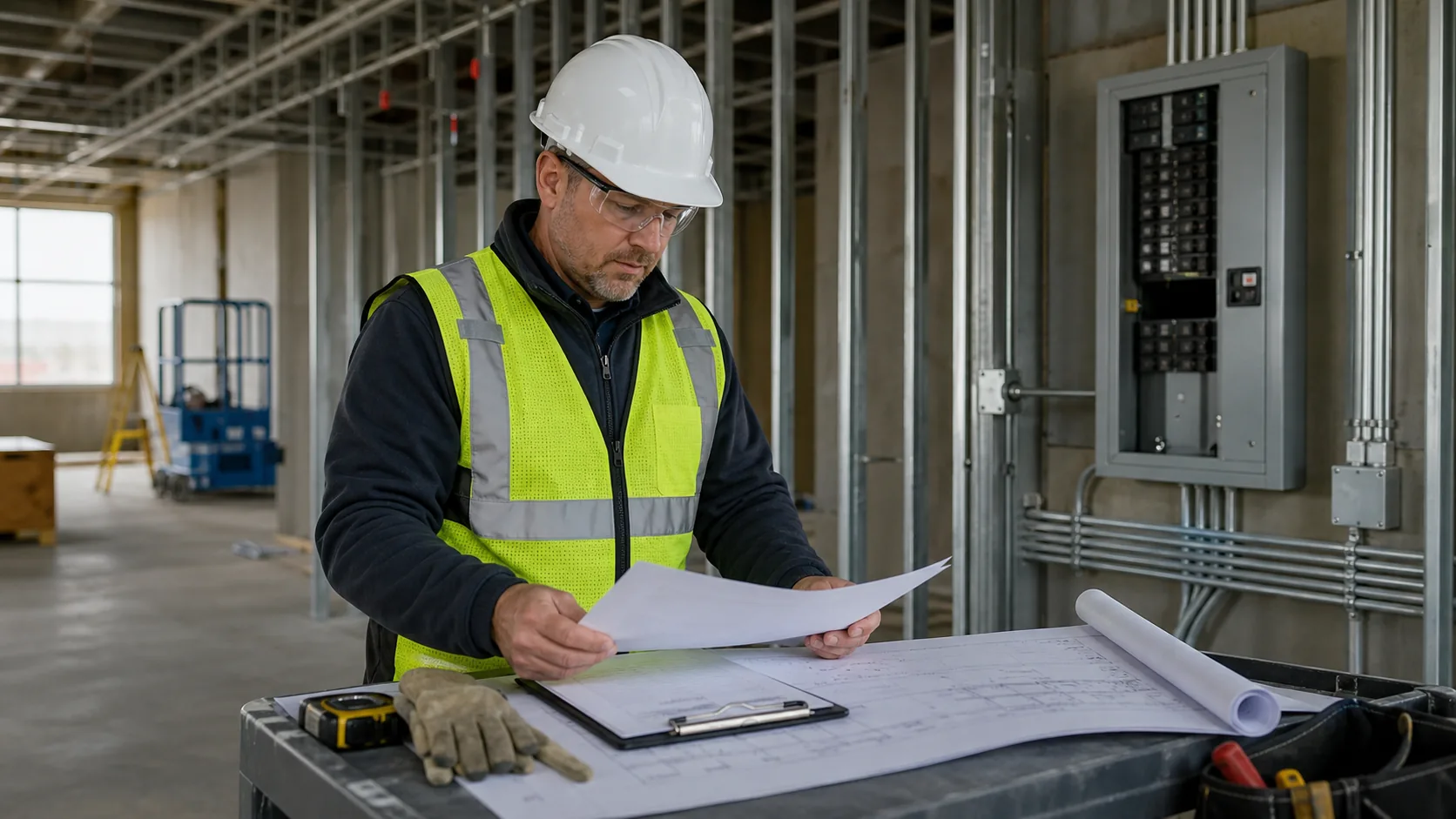 Electrical contractor reviewing project insurance requirements beside plans at a commercial tenant-improvement jobsite