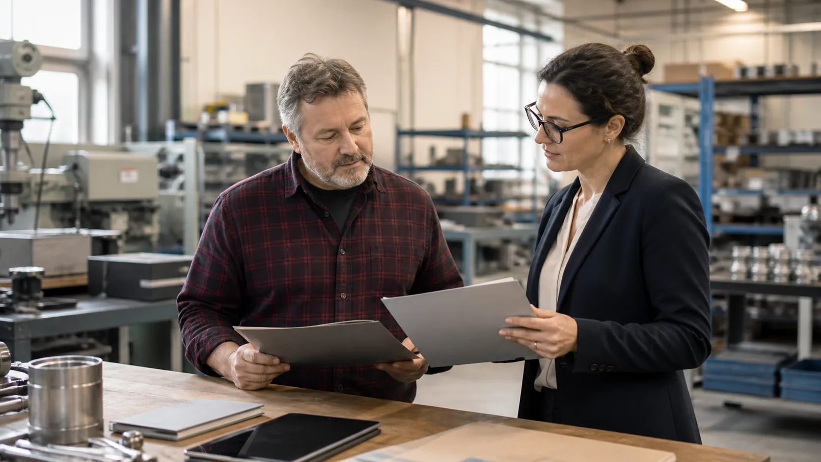 Business owner and commercial insurance advisor reviewing two policy folders inside an active manufacturing workshop