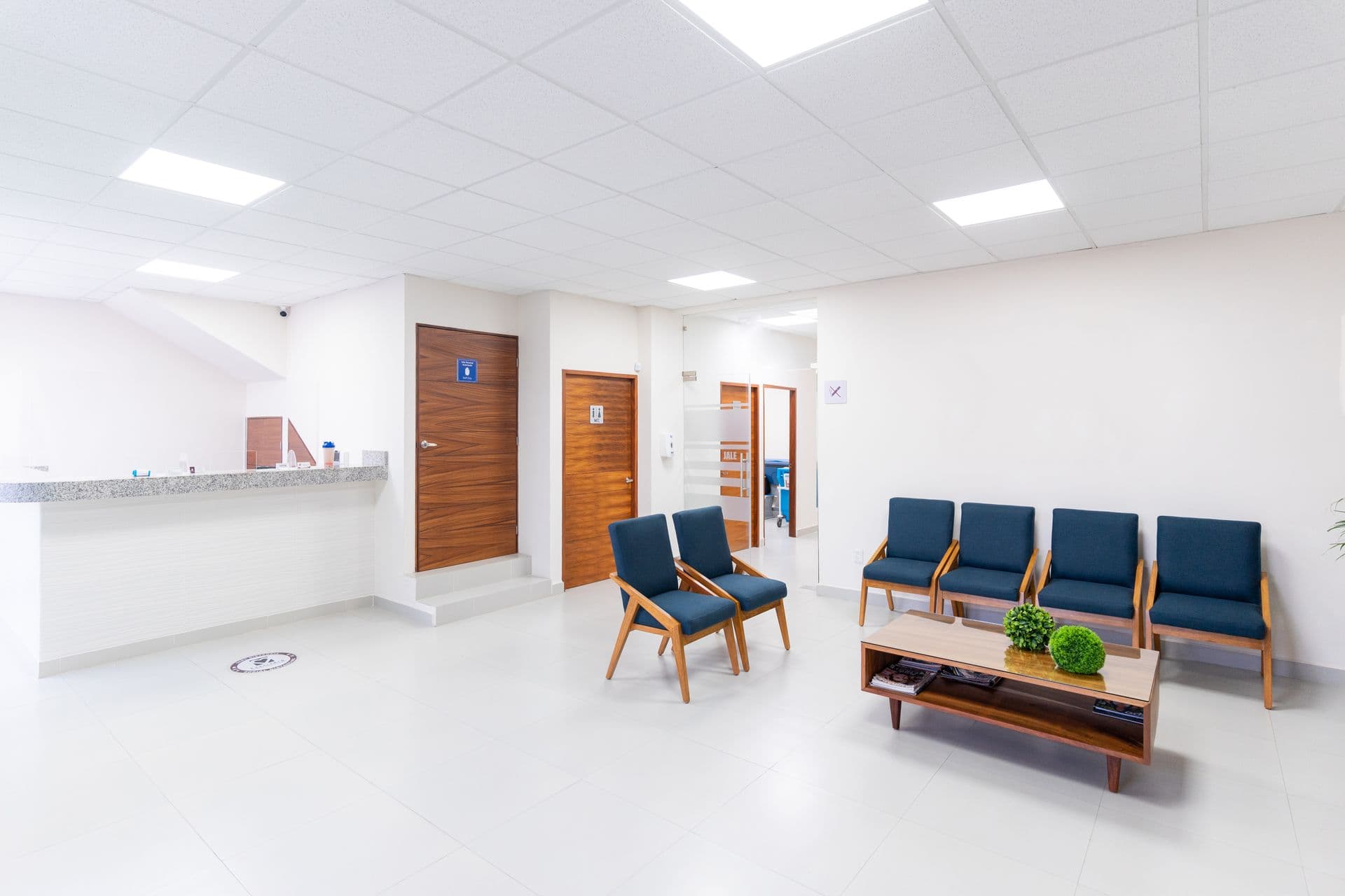 Bright modern medical clinic waiting area with upholstered chairs, a reception counter, and exam-room doors beyond