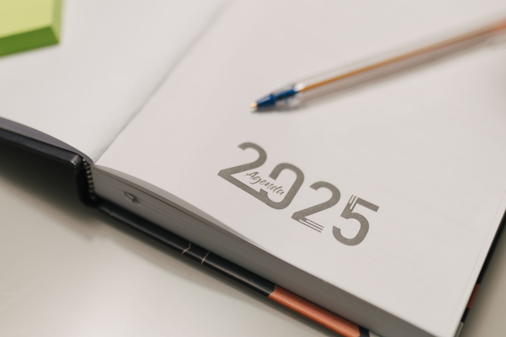 An open year-agenda planner with a pen resting on the title page, set up for forward renewal planning