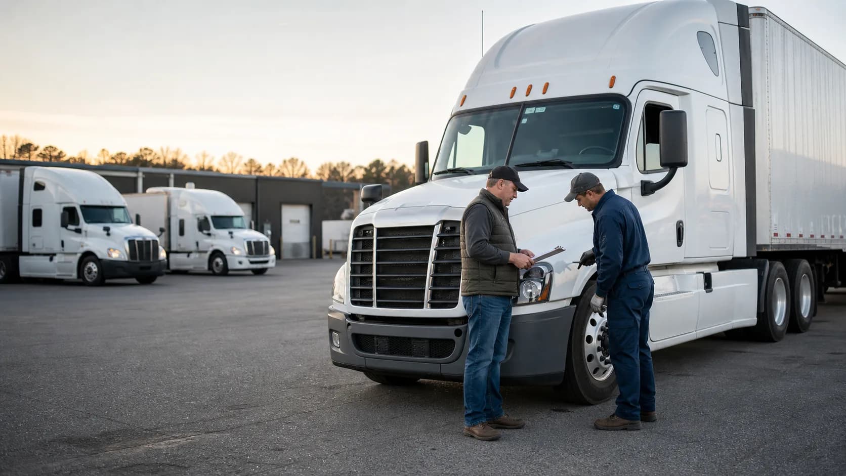 Trucking fleet owner and technician inspecting an unbranded tractor-trailer in an organized fleet yard