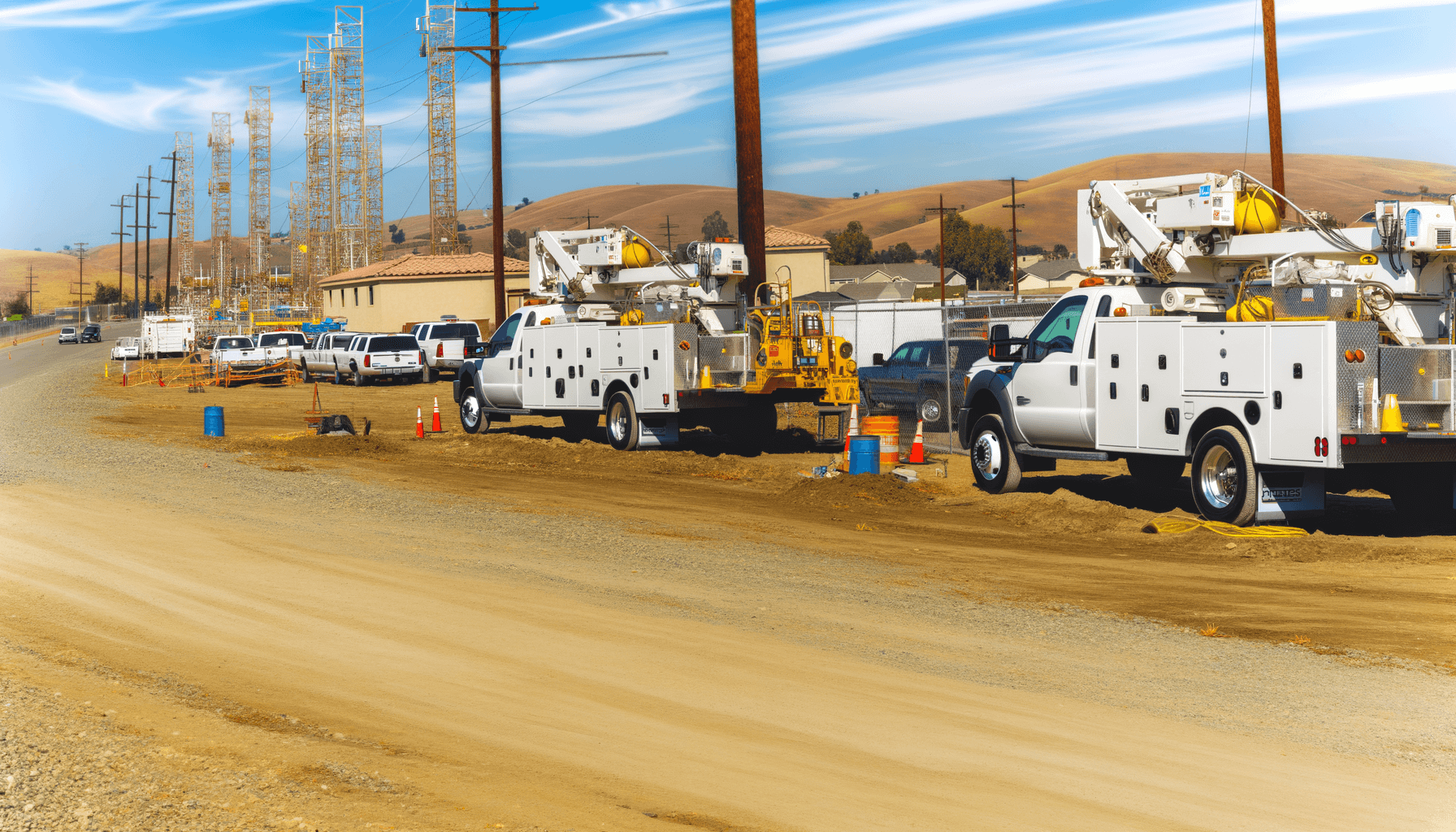 Construction workers in California wearing hard hats and reviewing blueprints on a job site.