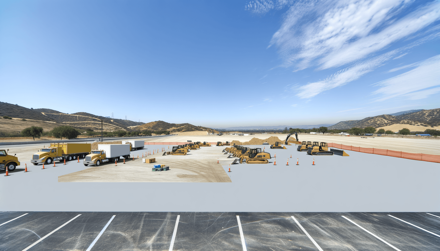 California construction crew reviewing blueprints on a job site