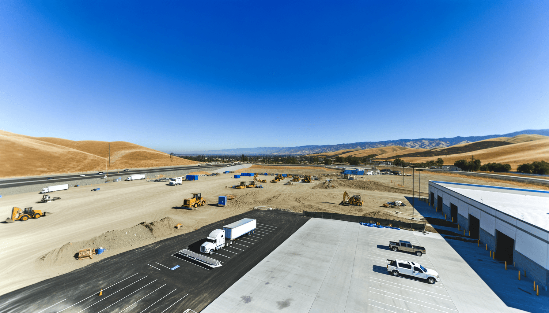 California construction site with workers and heavy equipment, emphasizing insurance protection.